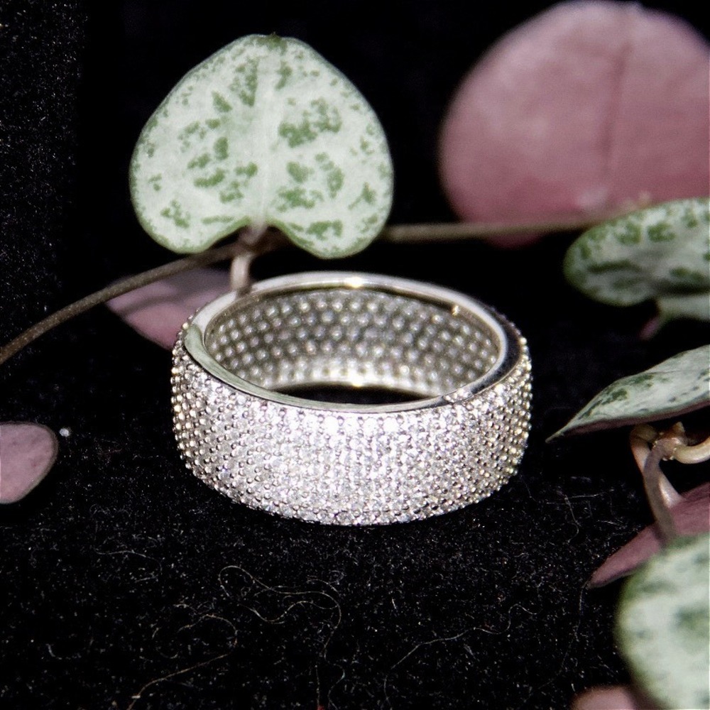 Sterling Silver 925 Multi Row Pave Cubic Zirconia Wide Band Eternity Ring Sz 6.5